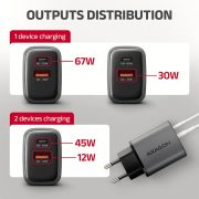 Axagon ACU-PQ67D 67W USB-A, USB-C, kijelzős hálózati adapter