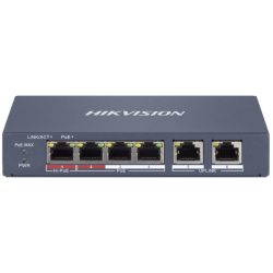   Hikvision DS-3E1106HP-EI 6 portos PoE switch (60 W); 1 HiPoE + 3 PoE+(at); + 2 uplink; menedzselhető