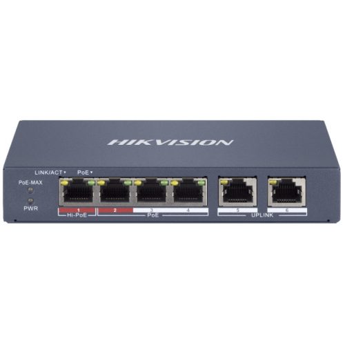 Hikvision DS-3E1106HP-EI 6 portos PoE switch (60 W); 1 HiPoE + 3 PoE+(at); + 2 uplink; menedzselhető
