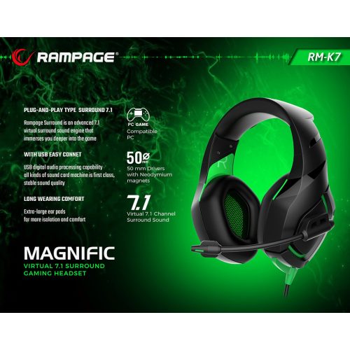 Rampage RM-K7 Magnific 7.1 fejhallgató fekete-zöld