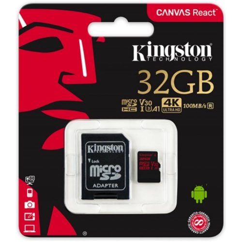 Kingston 32GB memóriakártya Canvas React microSD+adapter