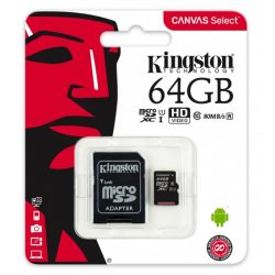 Kingston 64GB CANVAS 80MB/s microSD kártya + adapter